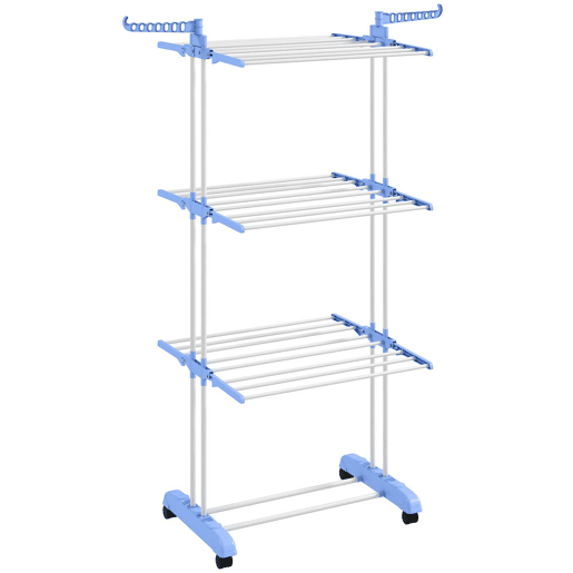HOMCOM Estendal Dobrável para Roupa com Rodas Estendal Vertical de Aço com 3 Níveis Laterais Dobráveis Carga Máxima 70kg 73x64x177cm Azul e Branco