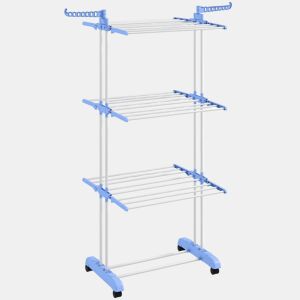 HOMCOM Estendal Dobrável para Roupa com Rodas Estendal Vertical de Aço com 3 Níveis Laterais Dobráveis Carga Máxima 70kg 73x64x177cm Azul e Branco
