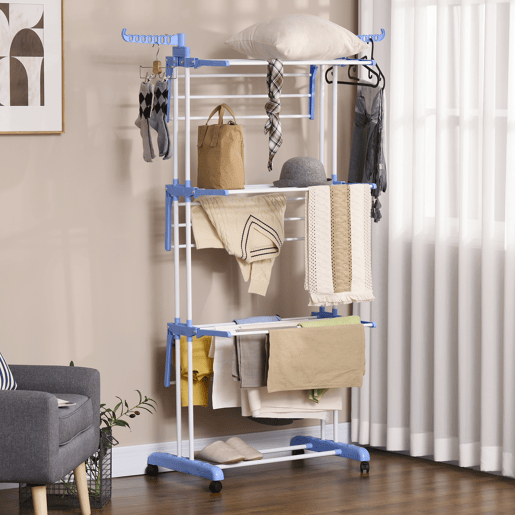 HOMCOM Estendal Dobrável para Roupa com Rodas Estendal Vertical de Aço com 3 Níveis Laterais Dobráveis Carga Máxima 70kg 73x64x177cm Azul e Branco