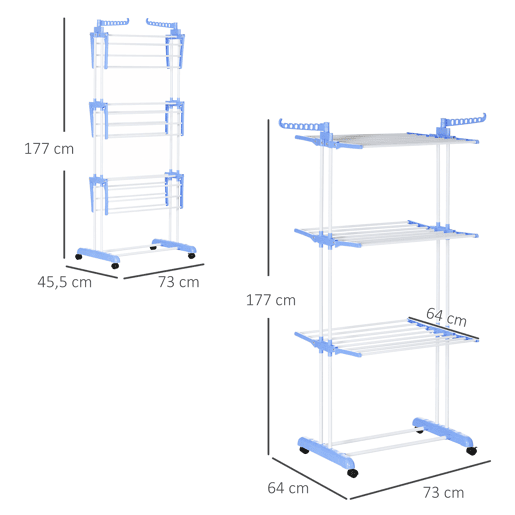 HOMCOM Estendal Dobrável para Roupa com Rodas Estendal Vertical de Aço com 3 Níveis Laterais Dobráveis Carga Máxima 70kg 73x64x177cm Azul e Branco