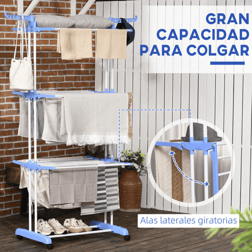 HOMCOM Estendal Dobrável para Roupa com Rodas Estendal Vertical de Aço com 3 Níveis Laterais Dobráveis Carga Máxima 70kg 73x64x177cm Azul e Branco