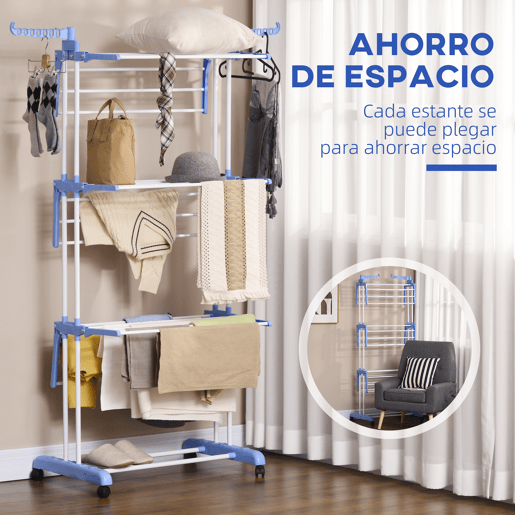 HOMCOM Estendal Dobrável para Roupa com Rodas Estendal Vertical de Aço com 3 Níveis Laterais Dobráveis Carga Máxima 70kg 73x64x177cm Azul e Branco