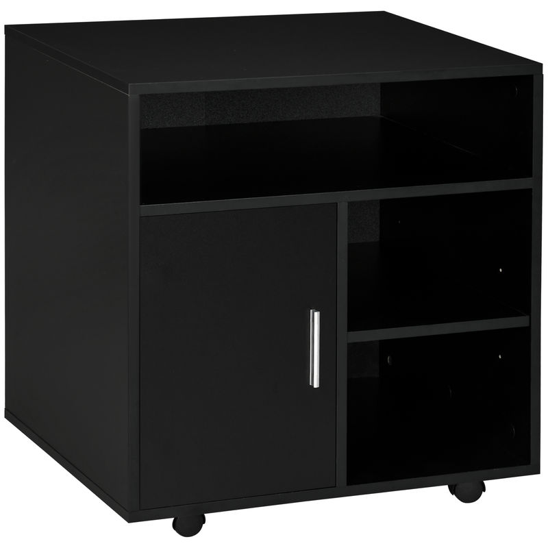 Homcom mueble para impresora con ruedas, soporte de impresora con compartimentos abiertos y puerta, para oficina, hogar, estudio, 60x50x65,5 cm, negro