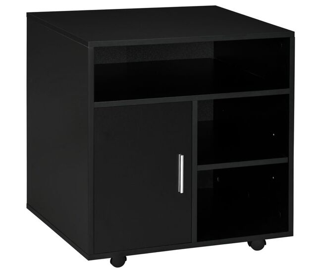 Homcom mueble para impresora con ruedas, soporte de impresora con compartimentos abiertos y puerta, para oficina, hogar, estudio, 60x50x65,5 cm, negro