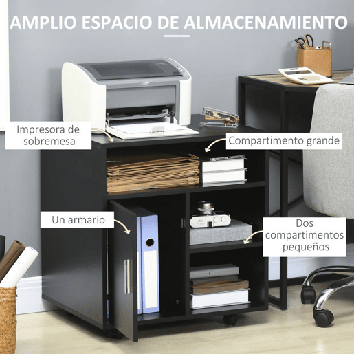 HOMCOM Armário de Escritório para Impressora Móvel para Escritório Multifuncional com Prateleiras e Amplo Espaço de Armazenamento 60x50x65,5 cm Preto