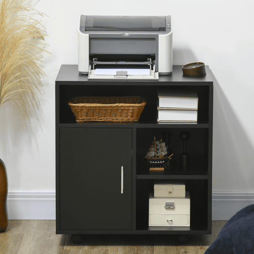 HOMCOM Armário de Escritório para Impressora Móvel para Escritório Multifuncional com Prateleiras e Amplo Espaço de Armazenamento 60x50x65,5 cm Preto