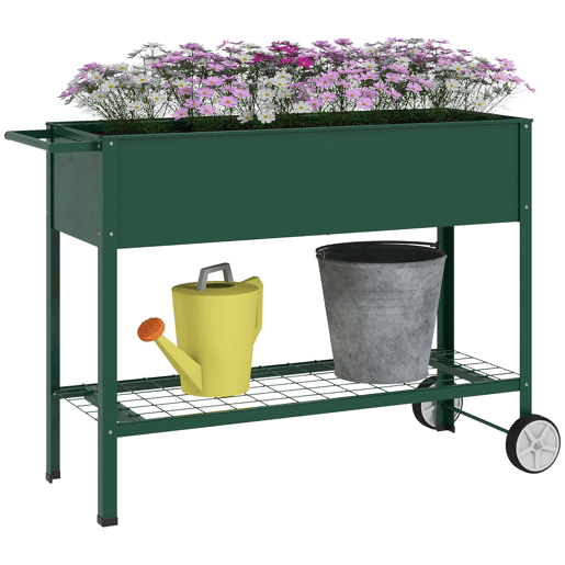 Outsunny Horta Vertical Elevada de Metal Horta Vertical com Rodas Alça Lateral e Prateleira Inferior para Cultivo de Plantas Flores 109x44x80 cm Verde