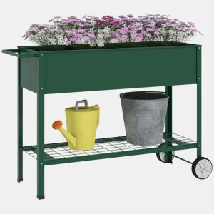 Outsunny Horta Vertical Elevada de Metal Horta Vertical com Rodas Alça Lateral e Prateleira Inferior para Cultivo de Plantas Flores 109x44x80 cm Verde