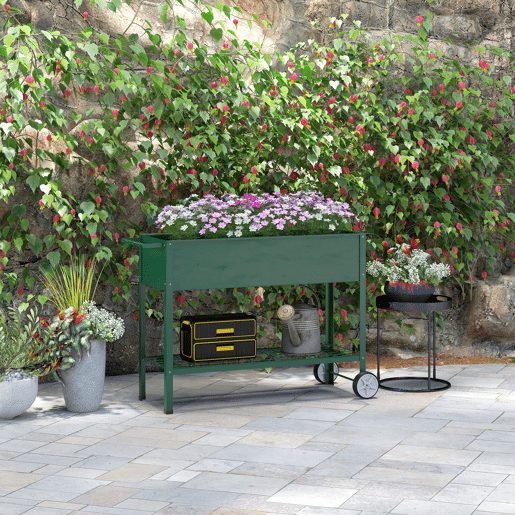 Outsunny Horta Vertical Elevada de Metal Horta Vertical com Rodas Alça Lateral e Prateleira Inferior para Cultivo de Plantas Flores 109x44x80 cm Verde