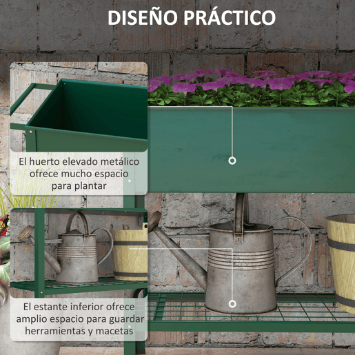 Outsunny Horta Vertical Elevada de Metal Horta Vertical com Rodas Alça Lateral e Prateleira Inferior para Cultivo de Plantas Flores 109x44x80 cm Verde