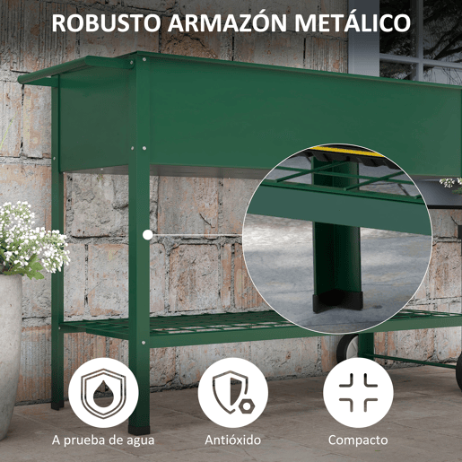 Outsunny Horta Vertical Elevada de Metal Horta Vertical com Rodas Alça Lateral e Prateleira Inferior para Cultivo de Plantas Flores 109x44x80 cm Verde
