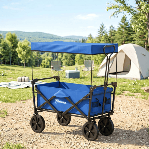 Outsunny Carrinho de Transporte com Toldo Removível Carrinho Dobrável com Alça Ajustável e Bolsa de Transporte Capacidade 100 kg para Campismo Praia 97x52x105 cm Azul