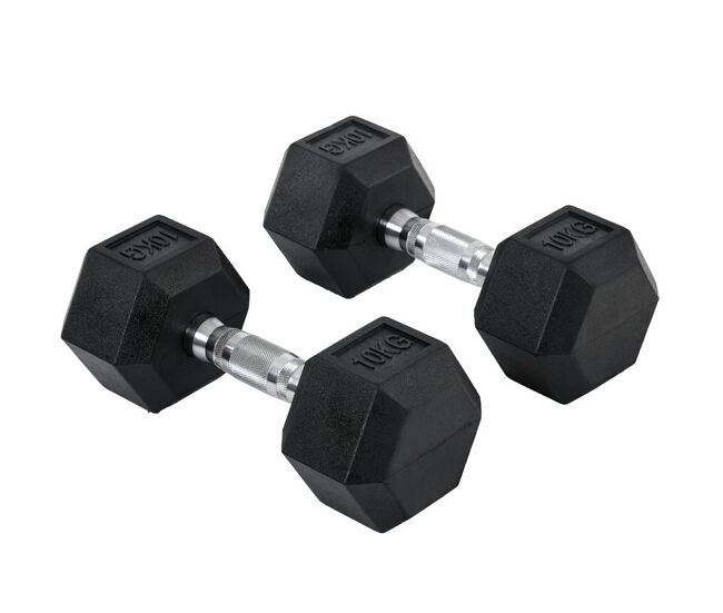 Homcom juego de mancuernas hexagonales, 2 x 10 kg, de hierro fundido, recubiertas de goma, juego de pesas con barras de conexión para entrenamiento en
