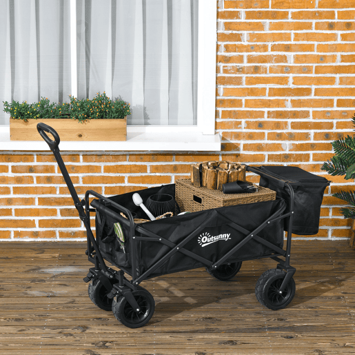 Outsunny Carrinho Dobrável com Rodas Grandes e Bolsa Térmica Removível, Carrinho de Praia com Pegas Ajustáveis em Comprimento e Ângulo, Bolsa de Transporte, Suporta até 100 kg, Ideal para Compras, Jardim e Exterior, Preto
