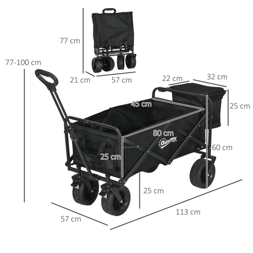 Outsunny Carrinho Dobrável com Rodas Grandes e Bolsa Térmica Removível, Carrinho de Praia com Pegas Ajustáveis em Comprimento e Ângulo, Bolsa de Transporte, Suporta até 100 kg, Ideal para Compras, Jardim e Exterior, Preto