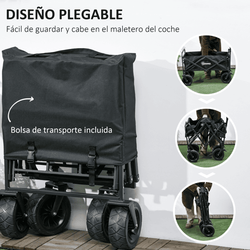 Outsunny Carrinho Dobrável com Rodas Grandes e Bolsa Térmica Removível, Carrinho de Praia com Pegas Ajustáveis em Comprimento e Ângulo, Bolsa de Transporte, Suporta até 100 kg, Ideal para Compras, Jardim e Exterior, Preto