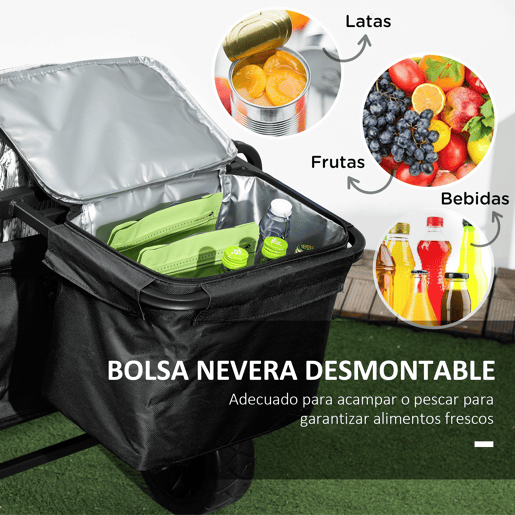Outsunny Carrinho Dobrável com Rodas Grandes e Bolsa Térmica Removível, Carrinho de Praia com Pegas Ajustáveis em Comprimento e Ângulo, Bolsa de Transporte, Suporta até 100 kg, Ideal para Compras, Jardim e Exterior, Preto