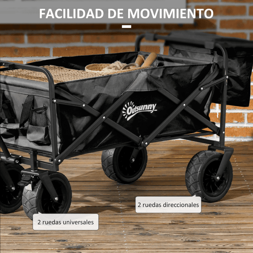 Outsunny Carrinho Dobrável com Rodas Grandes e Bolsa Térmica Removível, Carrinho de Praia com Pegas Ajustáveis em Comprimento e Ângulo, Bolsa de Transporte, Suporta até 100 kg, Ideal para Compras, Jardim e Exterior, Preto