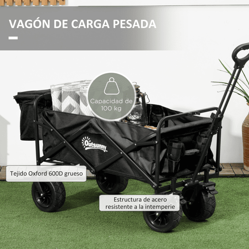 Outsunny Carrinho Dobrável com Rodas Grandes e Bolsa Térmica Removível, Carrinho de Praia com Pegas Ajustáveis em Comprimento e Ângulo, Bolsa de Transporte, Suporta até 100 kg, Ideal para Compras, Jardim e Exterior, Preto