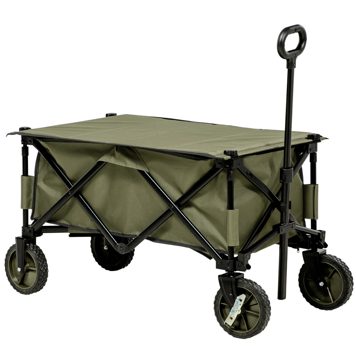 Outsunny carro plegable de jardín con ruedas carro para playa con mango telescópico tablero plegable 5 bolsas marco de acero carga 100 kg para compra patio 108x55x93 cm verde