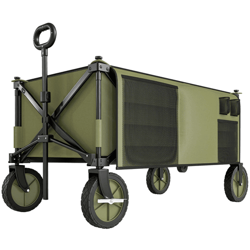 Outsunny Carrinho Dobrável de com Rodas Carrinho para Praia com Guiador Telescópico Bancada Dobrável 5 Bolsas de Armazenamento Estrutura de Aço e Tecido de Oxford 108x55x93cm Verde Escuro