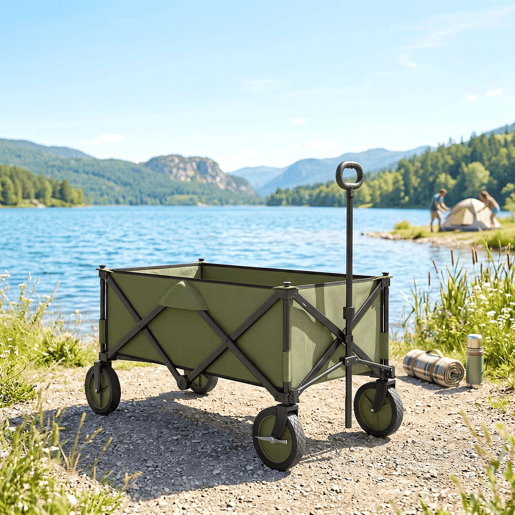 Outsunny Carrinho Dobrável de com Rodas Carrinho para Praia com Guiador Telescópico Bancada Dobrável 5 Bolsas de Armazenamento Estrutura de Aço e Tecido de Oxford 108x55x93cm Verde Escuro