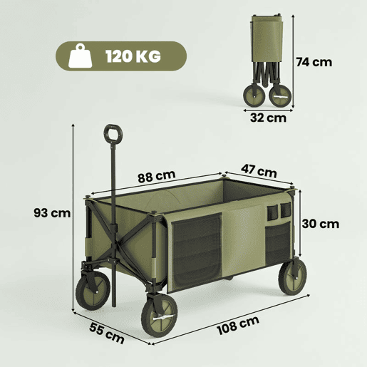 Outsunny Carrinho Dobrável de com Rodas Carrinho para Praia com Guiador Telescópico Bancada Dobrável 5 Bolsas de Armazenamento Estrutura de Aço e Tecido de Oxford 108x55x93cm Verde Escuro