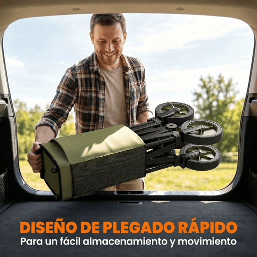 Outsunny Carrinho Dobrável de com Rodas Carrinho para Praia com Guiador Telescópico Bancada Dobrável 5 Bolsas de Armazenamento Estrutura de Aço e Tecido de Oxford 108x55x93cm Verde Escuro