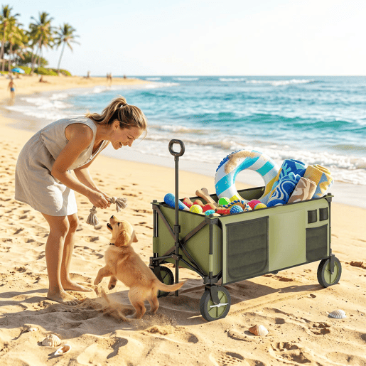 Outsunny Carrinho Dobrável de com Rodas Carrinho para Praia com Guiador Telescópico Bancada Dobrável 5 Bolsas de Armazenamento Estrutura de Aço e Tecido de Oxford 108x55x93cm Verde Escuro
