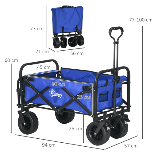 Outsunny Carrinho de Transporte Carrinho Dobrável para Jardim com Comprimento e Ângulo do Guiador Ajustáveis e Bolsa de Transporte Capacidade 100 kg 99x57x77-100 cm Azul Escuro