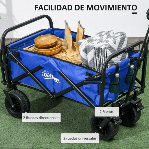 Outsunny Carrinho de Transporte Carrinho Dobrável para Jardim com Comprimento e Ângulo do Guiador Ajustáveis e Bolsa de Transporte Capacidade 100 kg 99x57x77-100 cm Azul Escuro