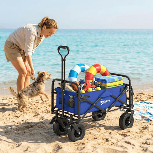 Outsunny Carrinho de Transporte Carrinho Dobrável para Jardim com Comprimento e Ângulo do Guiador Ajustáveis e Bolsa de Transporte Capacidade 100 kg 99x57x77-100 cm Azul Escuro