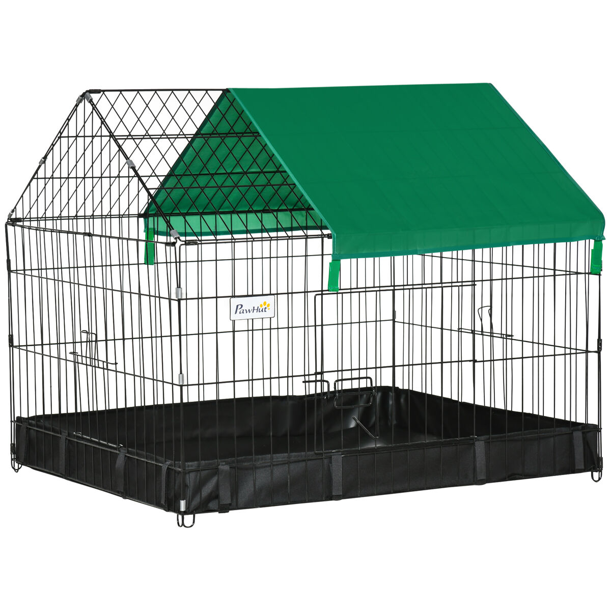 Pawhut jaula para animales pequeños parque para mascotas con 2 puertas toldo y base con tela oxford impermeable para interior y exterior 90x75x75 cm negro y verde