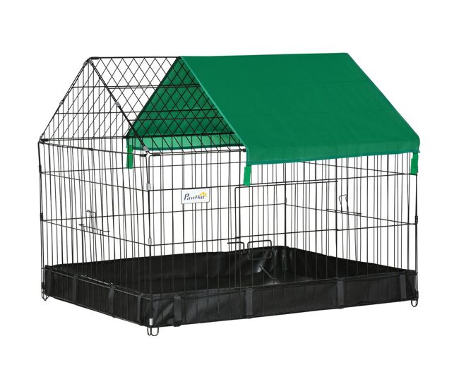 Pawhut jaula para animales pequeños parque para mascotas con 2 puertas toldo y base con tela oxford impermeable para interior y exterior 90x75x75 cm negro y verde