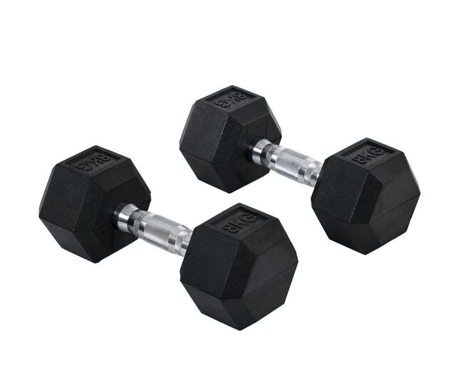 Homcom juego de mancuernas hexagonales, 2 x 8 kg, de hierro fundido, recubiertas de goma, juego de pesas con barras de conexión para entrenamiento en casa, gimnasio y oficina, negro y plata