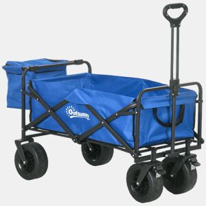 Outsunny Carrinho Dobrável com Rodas Grandes e Bolsa Térmica Removível, Carrinho de Praia com Pega Ajustável em Comprimento e Ângulo, Saco de Transporte, Capacidade até 100 kg para Compras, Jardim e Exterior - Azul
