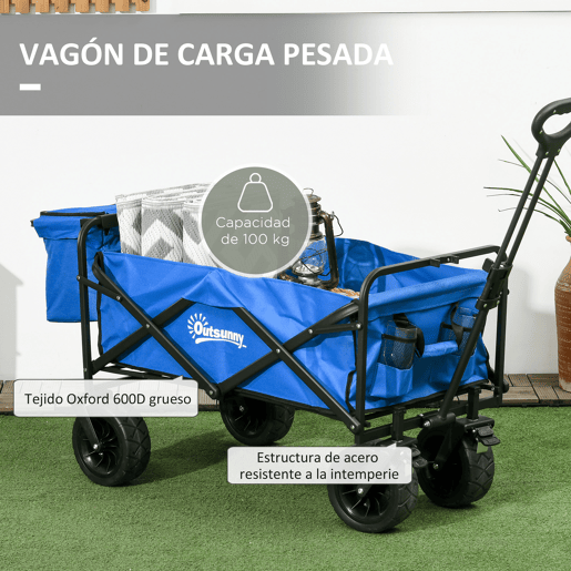 Outsunny Carrinho Dobrável com Rodas Grandes e Bolsa Térmica Removível, Carrinho de Praia com Pega Ajustável em Comprimento e Ângulo, Saco de Transporte, Capacidade até 100 kg para Compras, Jardim e Exterior - Azul
