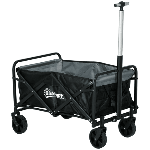 Outsunny Carrinho Dobrável com Rodas Grandes para Praia, com Pega Ajustável em Comprimento e Ângulo, Tecido Oxford Resistente, Capacidade 70 L, Suporta até 80 kg, Ideal para Compras e Campismo, Preto