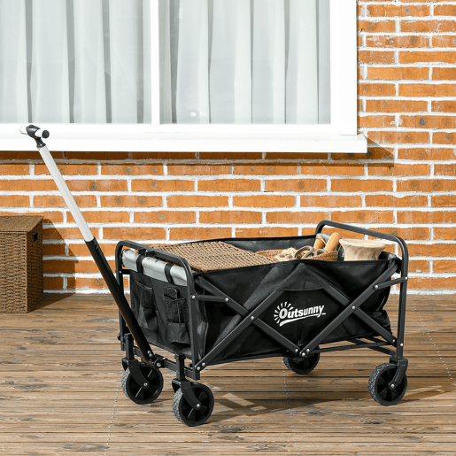 Outsunny Carrinho Dobrável com Rodas Grandes para Praia, com Pega Ajustável em Comprimento e Ângulo, Tecido Oxford Resistente, Capacidade 70 L, Suporta até 80 kg, Ideal para Compras e Campismo, Preto