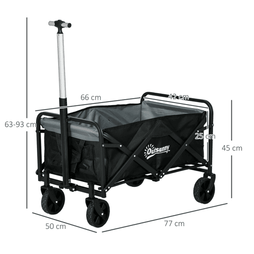 Outsunny Carrinho Dobrável com Rodas Grandes para Praia, com Pega Ajustável em Comprimento e Ângulo, Tecido Oxford Resistente, Capacidade 70 L, Suporta até 80 kg, Ideal para Compras e Campismo, Preto