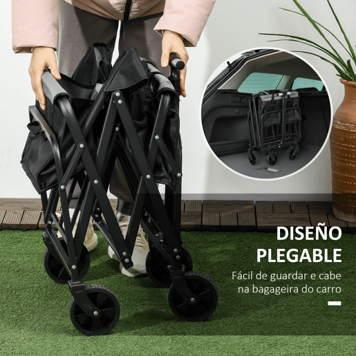 Outsunny Carrinho Dobrável com Rodas Grandes para Praia, com Pega Ajustável em Comprimento e Ângulo, Tecido Oxford Resistente, Capacidade 70 L, Suporta até 80 kg, Ideal para Compras e Campismo, Preto