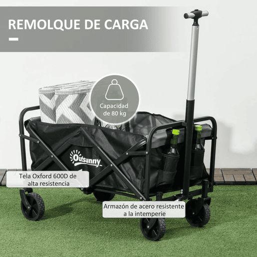 Outsunny Carrinho Dobrável com Rodas Grandes para Praia, com Pega Ajustável em Comprimento e Ângulo, Tecido Oxford Resistente, Capacidade 70 L, Suporta até 80 kg, Ideal para Compras e Campismo, Preto