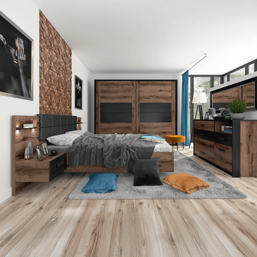 Cama baú 160x200 base cabeceira LED e tomada USB incluída Romane Madeira