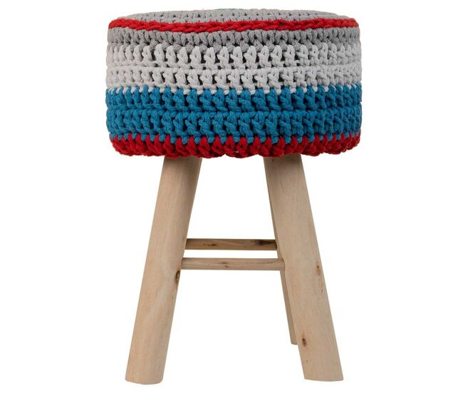 Taburete de madera y algodón trenzado multicolor 32x32x44h cm