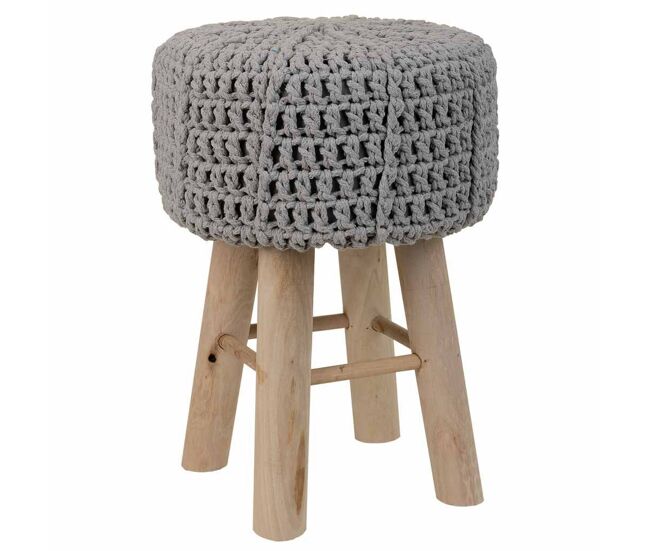 Taburete de madera y algodón trenzado gris 32x32x44h cm