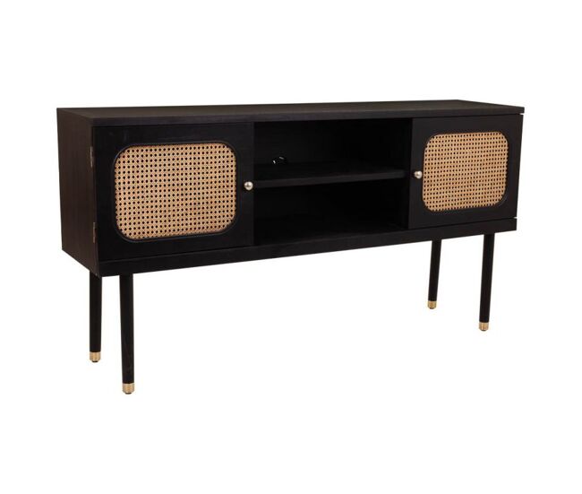 Aparador de madera y rejilla de bambú con dos puertas negro 152.5x38x81