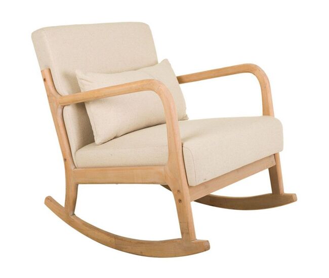 Sillón balancín de madera tapizado color beige 66x88x47/78h cm