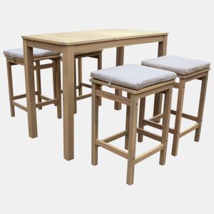 Conjunto de mesa alta y 4 taburetes ARUBA 4 plazas de acacia - cojines arena
