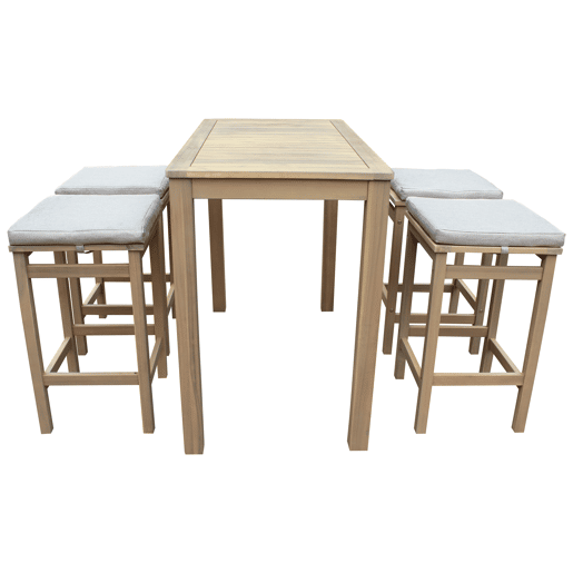 Conjunto de mesa alta y 4 taburetes ARUBA 4 plazas de acacia - cojines arena