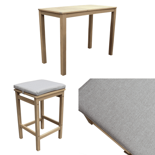 Conjunto de mesa alta y 4 taburetes ARUBA 4 plazas de acacia - cojines arena